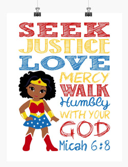 African American Wonder Woman Christian Superhero Nursery Decor Wall Art Print - Seek Justice Love Mercy - Micah 6:8 Bible Verse
