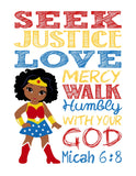 African American Wonder Woman Christian Superhero Nursery Decor Wall Art Print - Seek Justice Love Mercy - Micah 6:8 Bible Verse