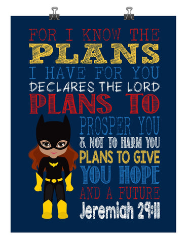 African American Batgirl Superhero Christian Nursery Decor Print - For I Know The Plans I Have For You - Jeremiah 29:11