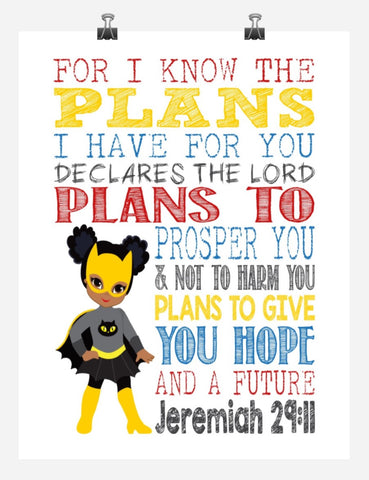 African American Catgirl Superhero Christian Nursery Decor Art Print - For I Know The Plans I Have For You - Jeremiah 29:11