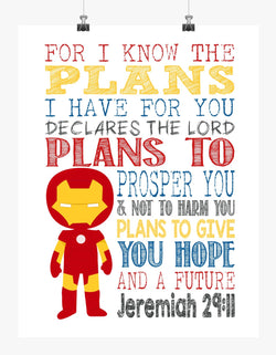 Ironman Superhero Christian Nursery Decor Print - For I Know The Plans I Have For You - Jeremiah 29:11