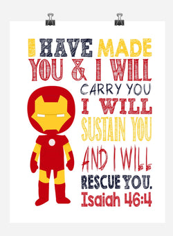 Ironman Christian Superhero Nursery Decor Wall Art Print - I have made you and I will rescue you - Isaiah 46:4