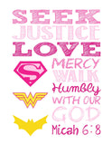 Christian Superhero Nursery Decor Art Set of 4 Prints - Supergirl, Batgirl, Wonder Woman