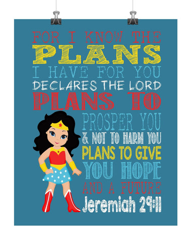 African American Wonder Woman Superhero Christian Nursery Decor Art Print - For I Know The Plans I Have For You - Jeremiah 29:11