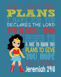 African American Wonder Woman Superhero Christian Nursery Decor Art Print - For I Know The Plans I Have For You - Jeremiah 29:11