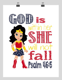 Wonder Woman Superhero Christian Nursery Decor Print - God is within her she will not fall - Psalm 46:5