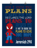 Spiderman Superhero Christian Nursery Decor Art Print - For I Know The Plans I Have For You - Jeremiah 29:11
