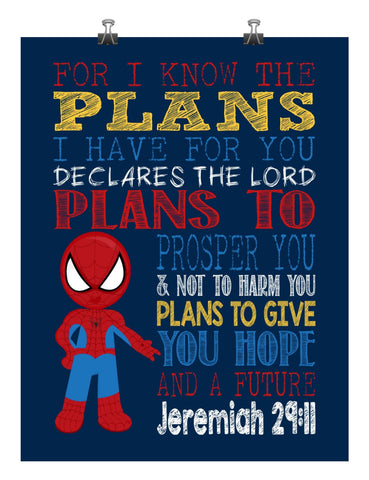 Spiderman Superhero Christian Nursery Decor Art Print - For I Know The Plans I Have For You - Jeremiah 29:11