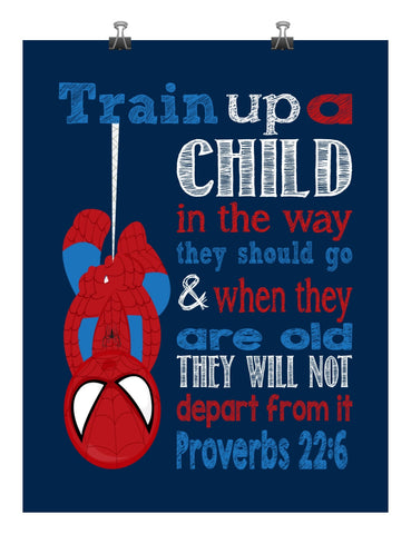 Spiderman Christian Superhero Nursery Decor Art Print - Train Up A Child In The Way They Should Go Proverbs 22:6