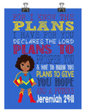 African American Supergirl Christian Superhero Nursery Decor Art Print - For I Know The Plans I Have For You - Jeremiah 29:11