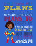African American Supergirl Christian Superhero Nursery Decor Art Print - For I Know The Plans I Have For You - Jeremiah 29:11