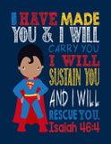 African American Superhero Christian Nursery Decor Set of 4 Prints, Batman, Captain America, Superman and Hulk