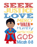 African American Superman Superhero Christian Nursery Decor Print - Seek Justice Love Mercy - Micah 6:8