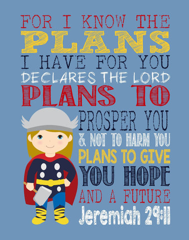 Thor Superhero Christian Nursery Decor Art Print - For I Know The Plans I Have For You - Jeremiah 29:11