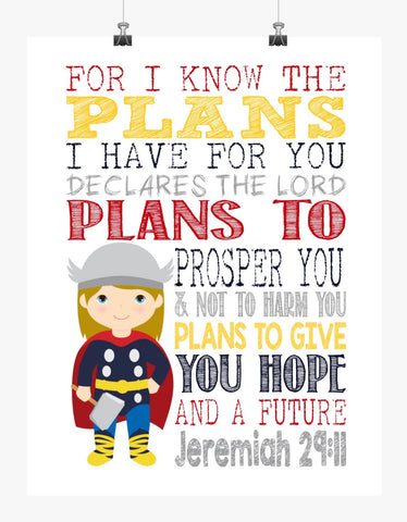 Thor Superhero Christian Nursery Decor Art Print - For I Know The Plans I Have For You - Jeremiah 29:11