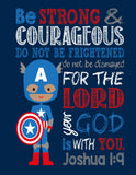 Captain America Superhero Christian Nursery Decor Print, Be Strong & Courageous Joshua 1:9