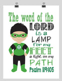 Green Lantern Christian Superhero  Nursery Decor Wall Art - The word of the Lord is a Lamp for my Feet - Bible Verse - Scripture Print