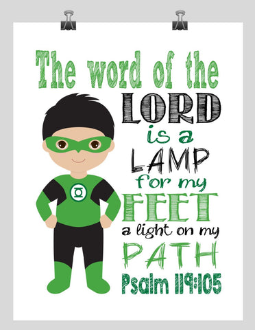 Green Lantern Christian Superhero  Nursery Decor Wall Art - The word of the Lord is a Lamp for my Feet - Bible Verse - Scripture Print