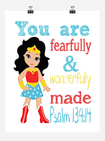 Wonder Woman Superhero Christian Nursery Decor Print - You Are Fearfully & Wonderfully Made Psalm 139:14