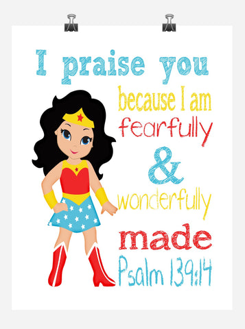 Wonder Woman Superhero Christian Nursery Decor Print - Fearfully & Wonderfully Made Psalm 139:14