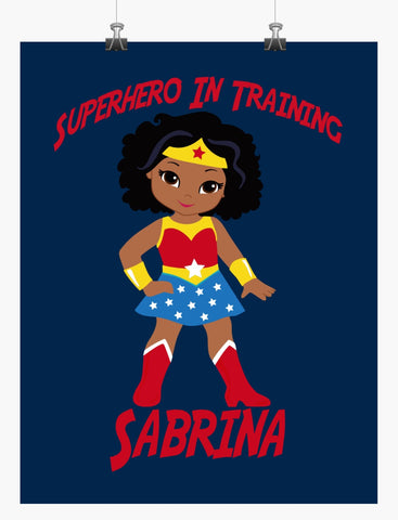 Personalized Superhero Nursery - African American Wonder Woman - Superhero In Training Wall Art Decor Unframed Print