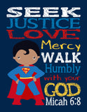 African American Christian Superhero Nursery Print Set of 4 - Batman, Captain America, Superman and Spiderman