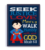 Superman Christian Superhero Nursery Decor Unframed Print Seek Justice Love Mercy Micah 6:8 Bible Verse
