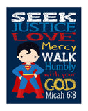 Superman Christian Superhero Nursery Decor Unframed Print Seek Justice Love Mercy Micah 6:8 Bible Verse