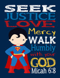 Superman Christian Superhero Nursery Decor Unframed Print Seek Justice Love Mercy Micah 6:8 Bible Verse