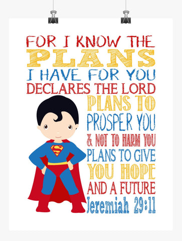 Superman Superhero Christian Nursery Decor Art Print - For I Know The Plans I Have For You - Jeremiah 29:11