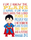 Superman Superhero Christian Nursery Decor Art Print - For I Know The Plans I Have For You - Jeremiah 29:11