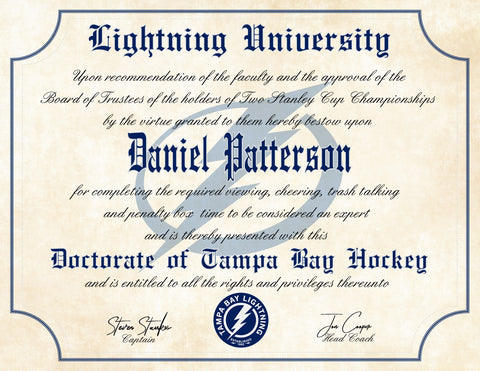 Tampa Bay Lightning Ultimate Hockey Fan Personalized Diploma - Stanley Cup Champions