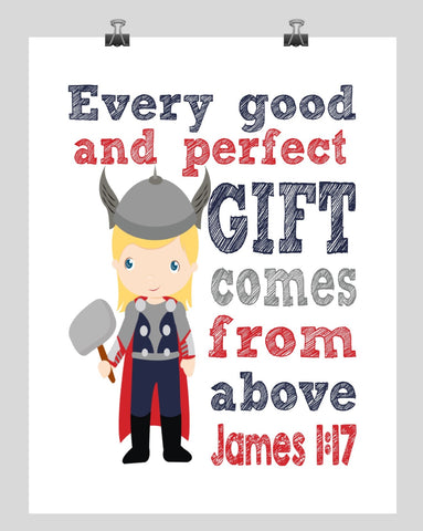 Thro Superhero Christian Nursery Decor Print - Every Good and Perfect Gift Comes From Above - James 1:17