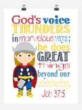 Thor Superhero Christian Nursery Decor Print, He Does Great Things Beyond Our Understanding - Job 37:5