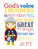 Thor Superhero Christian Nursery Decor Print, He Does Great Things Beyond Our Understanding - Job 37:5