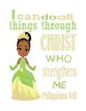 Princess Christian Nursery Decor Set of 4 Prints, Jasmine, Tiana, Mulan and Pocahontas with Bible Verses