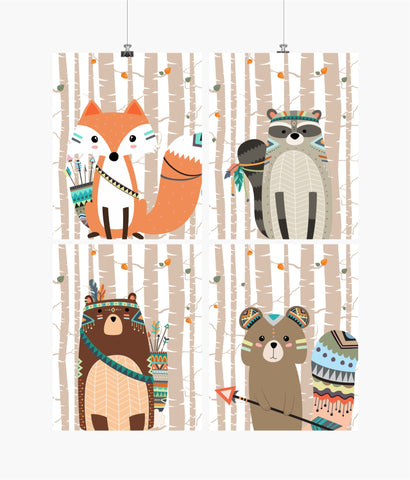 Tribal Boho Woodland Nursery with Birch Tree Background Set of 4 Prints