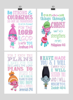 Trolls Christian Nursery Decor Set of 4 Prints, Poppy, Dj Suki, Cooper and Branch with Bible Verses