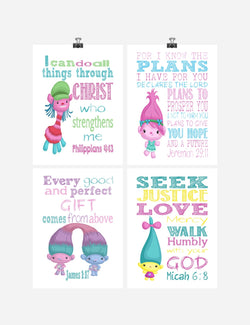 Trolls Christian Nursery Decor Set of 4 Prints, Poppy, Cooper, Satin, Chenille and Smidge with Bible Verses