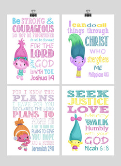 Trolls Christian Nursery Decor Set of 4 Prints, Poppy, Dj Suki, Creek and Smidge with Bible Verses