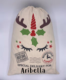 Unicorn Personalized Santa Sack Natural Canvas North Pole Santa Claus Presents Bag