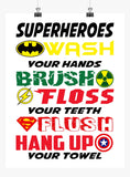Superhero Wash Brush Floss Flush Bathroom Print with Batman, Hulk, Captain America & Superman
