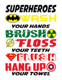 Superhero Wash Brush Floss Flush Bathroom Print with Batman, Hulk, Captain America & Superman