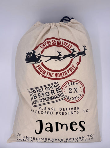 Personalized Santa Sack in Natural Canvas with Santa's Sleigh From the North Pole Presents Bag