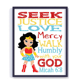 Wonder Woman Christian Superhero Nursery Decor Printable - Seek Justice Love Mercy - Micah 6:8 - Instant Download