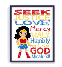 Wonder Woman Christian Superhero Nursery Decor Unframed Print - Seek Justice Love Mercy - Micah 6:8