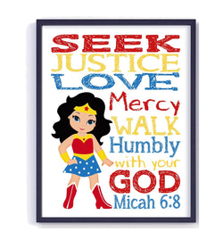 Wonder Woman Christian Superhero Nursery Decor Printable - Seek Justice Love Mercy - Micah 6:8 - Instant Download
