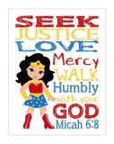 Wonder Woman Christian Superhero Nursery Decor Printable - Seek Justice Love Mercy - Micah 6:8 - Instant Download