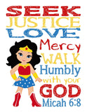 Wonder Woman Christian Superhero Nursery Decor Printable - Seek Justice Love Mercy - Micah 6:8 - Instant Download