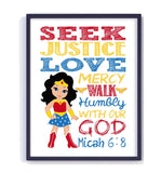 Wonder Woman Christian Superhero Nursery Decor Printable - Seek Justice Love Mercy - Micah 6:8 - Instant Download
